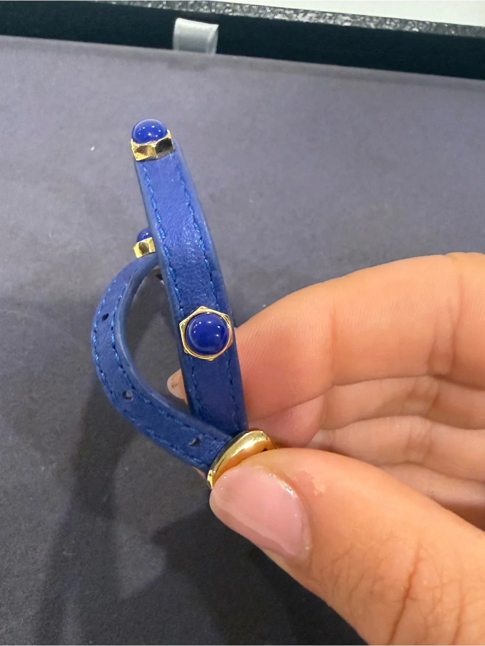 Henri Bendel Cobalt Blue Double Wrap Leather Stud Bracelet Gold Tone
